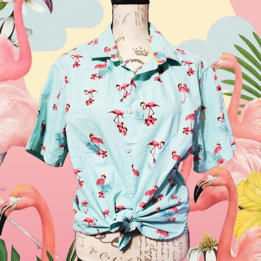 Turquoise flamingo print button up